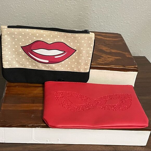 ipsy Handbags - Ipsy 2 Bags, Tan and Black With Red Lips and Red Masquerade Mask